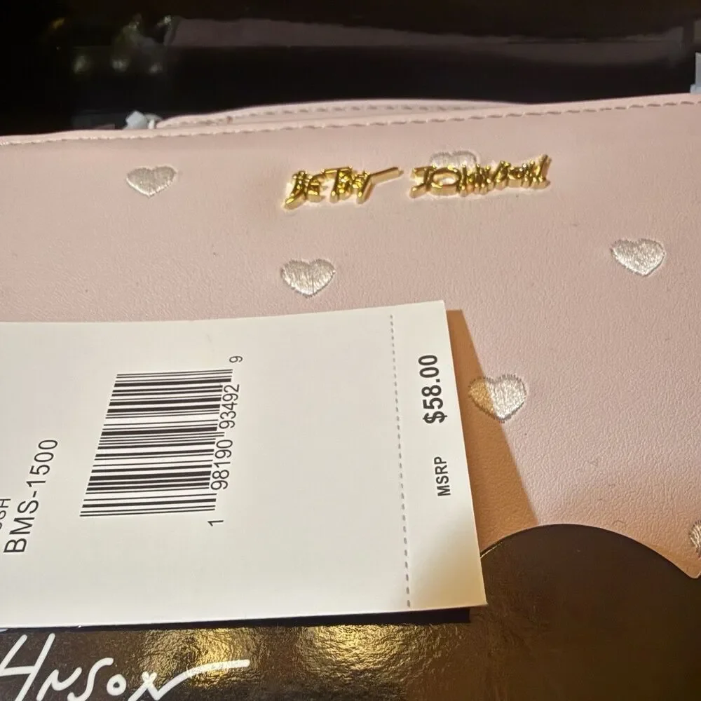 Betsey Johnson Pink Blush Zip Around Wallet Wristlet Embroidered Hearts NWT